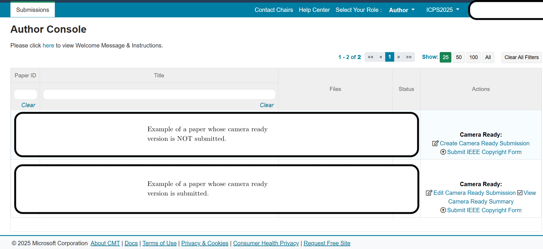 CMT example showing submitted and non-submitted papers